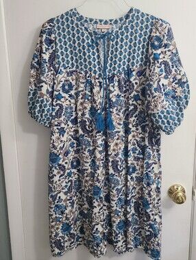 Knox Rose Women's Trendy Relaxed Boho Cotton Comfy  Blue Floral Print Dress Sz L